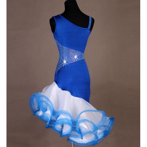 Women royal blue with white competition latin dance dresses with gemstones asymmetrical skirts professional standard chacha rumba salsa dance dress for lady
